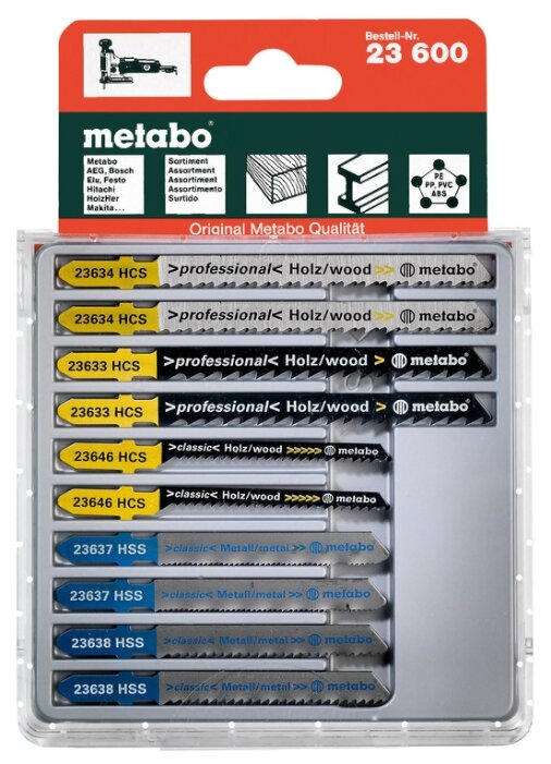 

Набор пилок для лобзика Metabo, быстрый рез, точный рез (прямой), фигурный, чистый, дерево, металл, пластик, 10шт. (623600000)