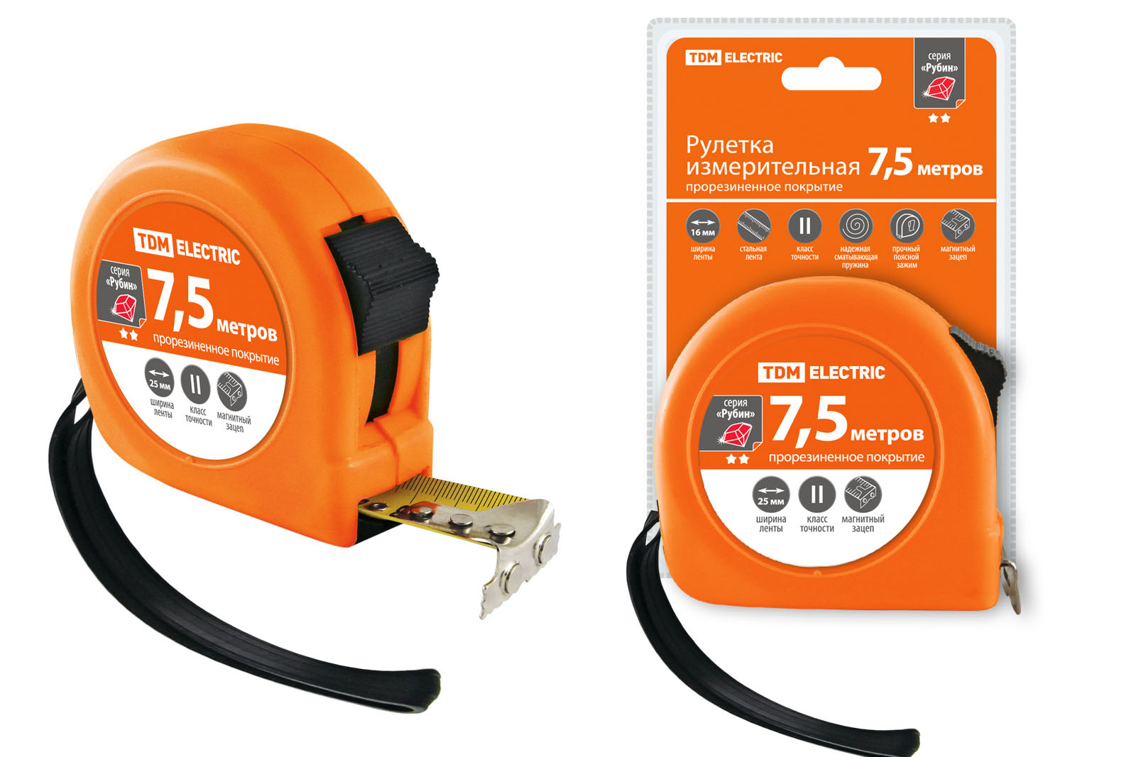 Рулетка 7.5м x 25мм, прорезиненный корпус, магнитная, TDM ELECTRIC Рубин (SQ1018-0107)