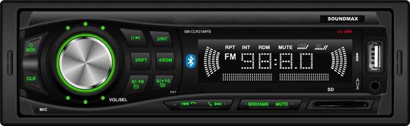 Автомагнитола SoundMAX SM-CCR3184FB, 1 DIN, 2x45 Вт, USB, черный (SM-CCR3184FB)