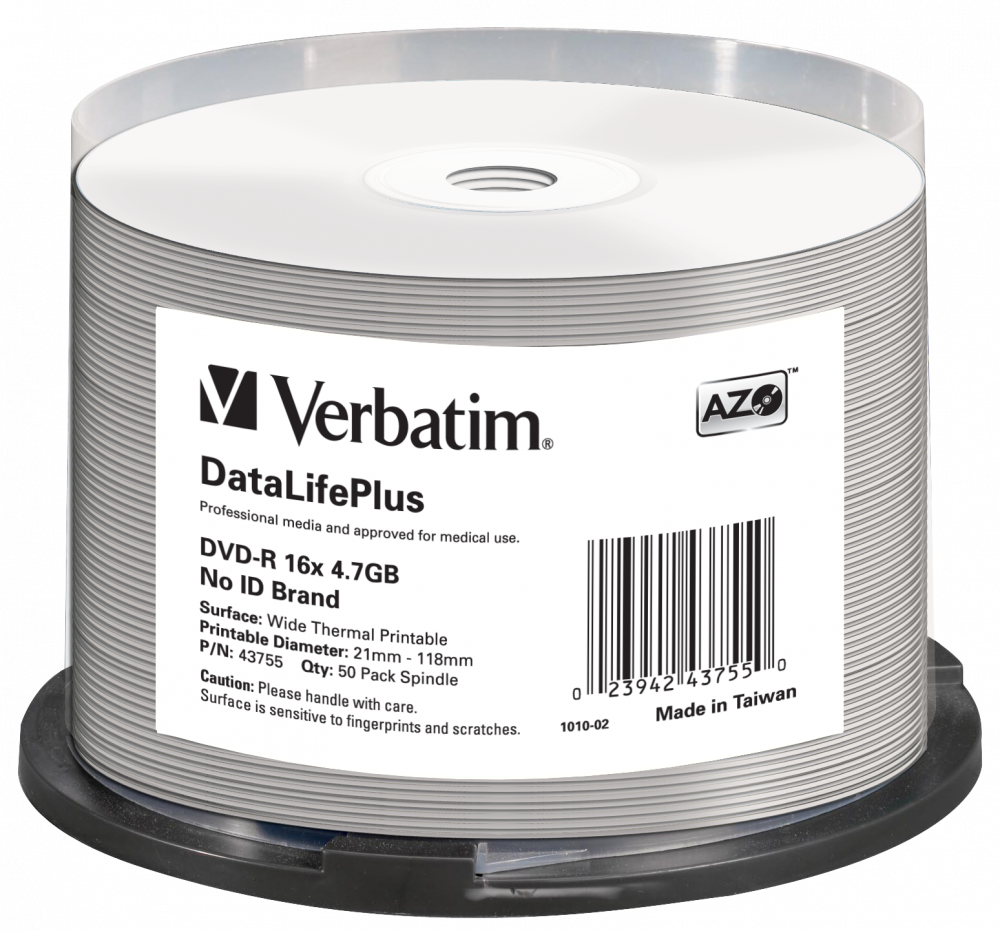 

Диск Verbatim DVD-R, 4.7Gb, 16x, Cake Box, 50 шт, Printable, DataLife+ (43755)