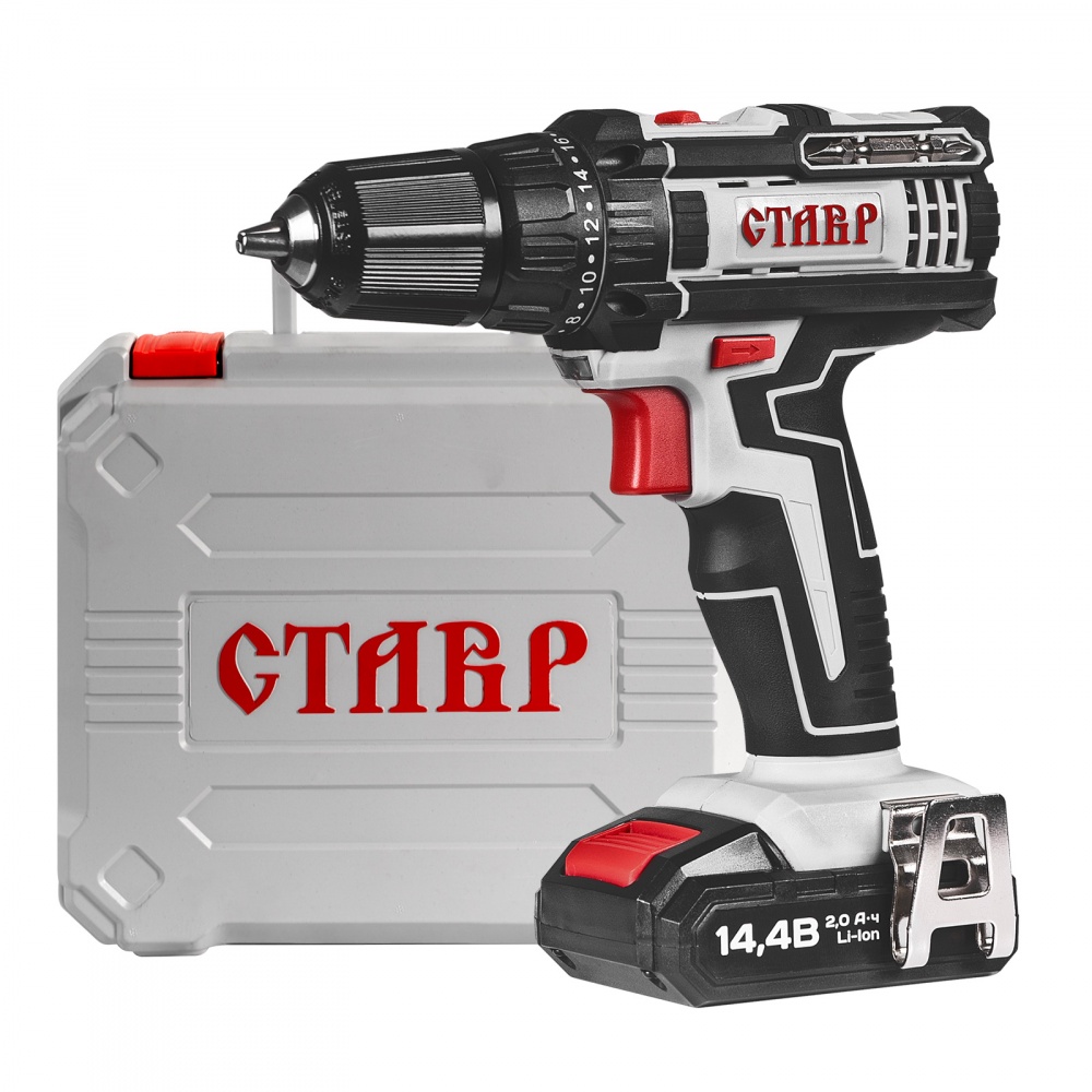 

Дрель-шуруповерт Ставр ДА-14,4ЛК, аккумуляторный, 32 Н·м, 1450 об/мин, 14.4V, 2 А·ч, Li-Ion, два акб, быстрозажимной патрон, кейс, 1.2кг, ДА-14.4ЛК