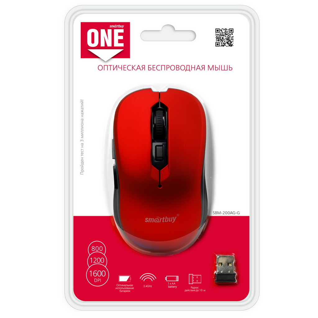 

Мышь беспроводная SmartBuy ONE 200AG, 1600dpi, оптическая светодиодная, USB, красный (SBM-200AG-R), ONE 200AG