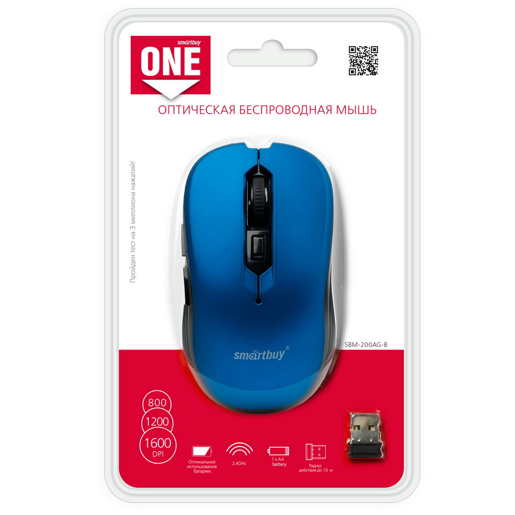

Мышь беспроводная SmartBuy ONE 200AG, 1600dpi, оптическая светодиодная, Wireless, USB, синий (SBM-200AG-B), ONE 200AG