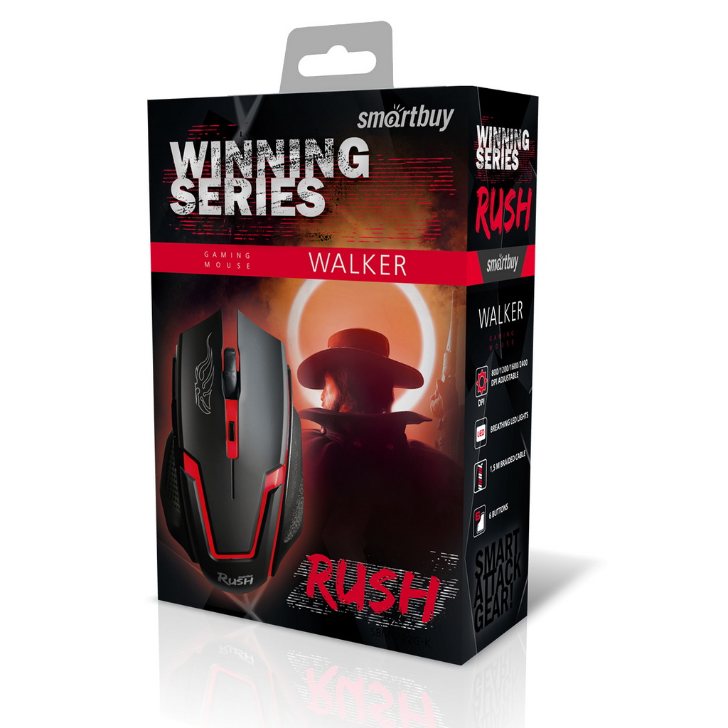 

Мышь проводная SmartBuy RUSH, 2400dpi, оптическая светодиодная, USB, черный (SBM-722G-K), RUSH