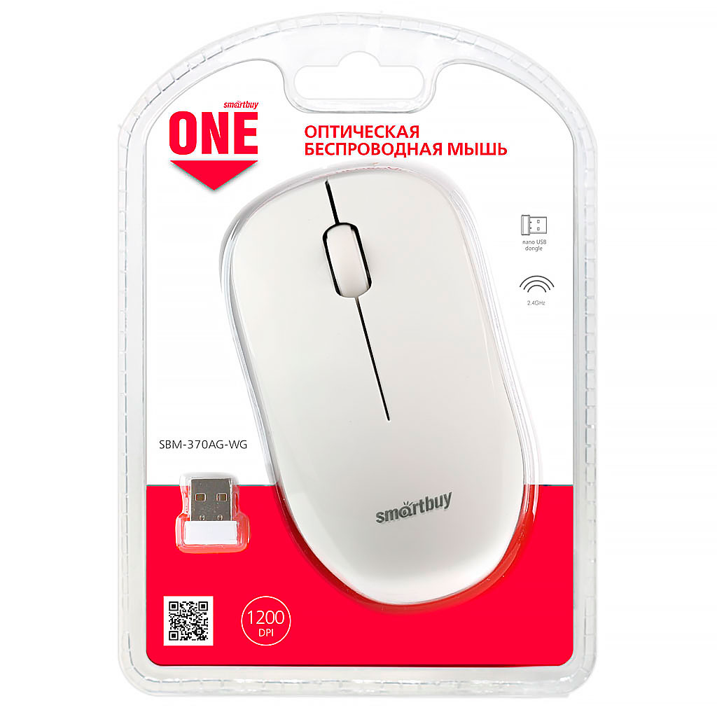 Мышь беспроводная SmartBuy ONE 370, 1200dpi, оптическая светодиодная, Wireless, USB, белый (SBM-370AG-WG)