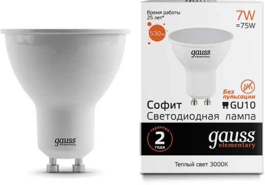 

Лампа светодиодная GU10, MR16, 7Вт, 530лм, 3000K/теплый, Ra>80, GAUSS (13617)