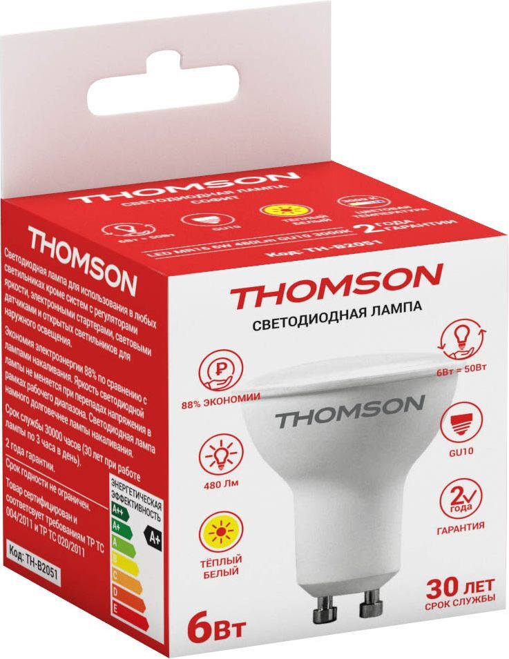 

Лампа светодиодная GU10, MR16, 6Вт, 480лм, 3000K/теплый, Ra>80, Thomson (TH-B2051)