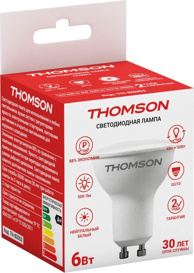 

Лампа светодиодная GU10, MR16, 6Вт, 500лм, 4000K/нейтральный, Ra>80, Thomson (TH-B2052)