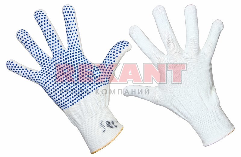 Перчатки нейлоновые с ПВХ покрытием ладони и пальцев «Точка», 13 класс, белый, Rexant (09-0260)