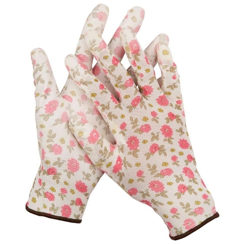 Перчатки садовые полиэстер с полиуретановым покрытием, 13 класс, L, белый/розовый, GRINDA (11291-L)