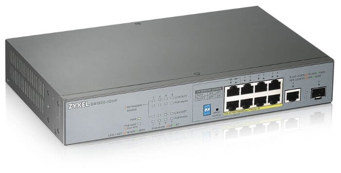 

Коммутатор ZYXEL GS1300-10HP, кол-во портов: 10x1 Гбит/с, кол-во SFP/uplink: 2x1 Гбит/с, установка в стойку, PoE (макс. 130W) (GS1300-10HP-EU0101F), GS1300-10HP