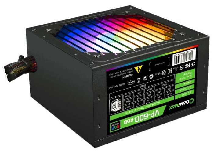 Блок питания 600 Вт, GameMax VP-600-RGB, 120 мм 80 Plus