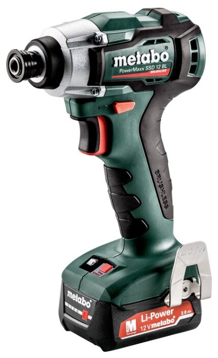 Винтоверт Metabo PowerMaxx SSD 12 BL, аккумуляторный, ударный, 140 Н·м, под биты, 2 А·ч, Li-Ion, 12В, два аккумулятора, кейс, 1кг (601115500)