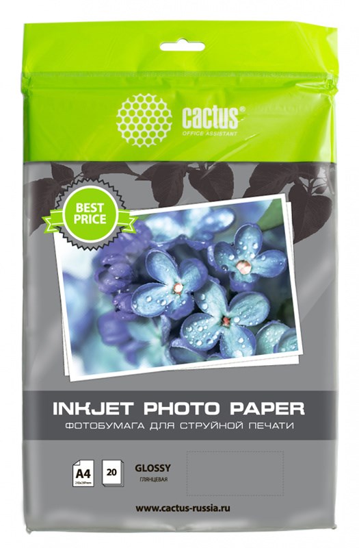 Фотобумага A4 глянцевая, 20 листов, Cactus
