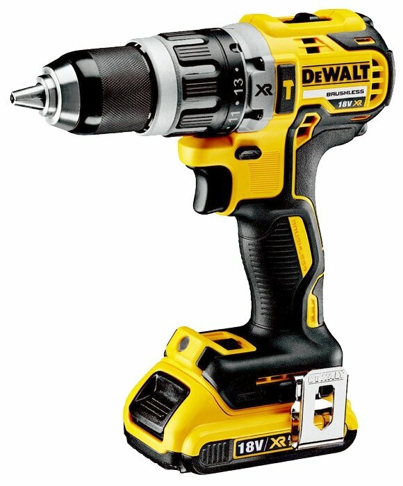 Дрель-шуруповерт DeWALT DCD796D2, аккумуляторный, 70 Н·м, 2000 об/мин, 18V, 2 А·ч, Li-Ion, два акб, быстрозажимной патрон, кейс, 1.6кг (DCD796D2-QW)