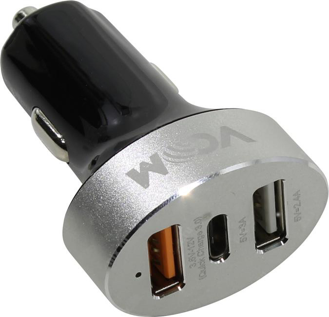 Автомобильное зарядное устройство VCOM CA-M080, 3USB, USB Type C, 3A, QC, черный/серый (CA-M080)