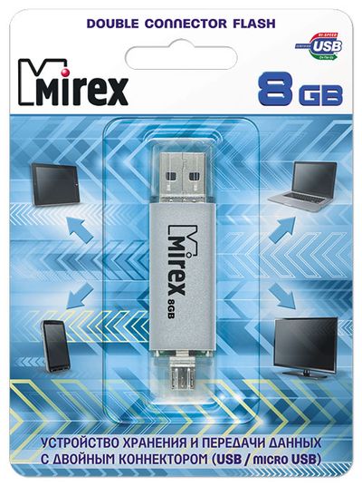 

Флешка 8Gb USB 2.0/microUSB Mirex Color Blade SMART, серебристый (13600-DCFSSM08), SMART