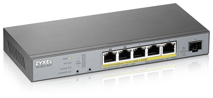 

Коммутатор ZYXEL GS1350-6HP, управляемый, кол-во портов: 5x1 Гбит/с, кол-во SFP/uplink: 1x1 Гбит/с, PoE (макс. 60W) (GS1350-6HP-EU0101F), GS1350-6HP