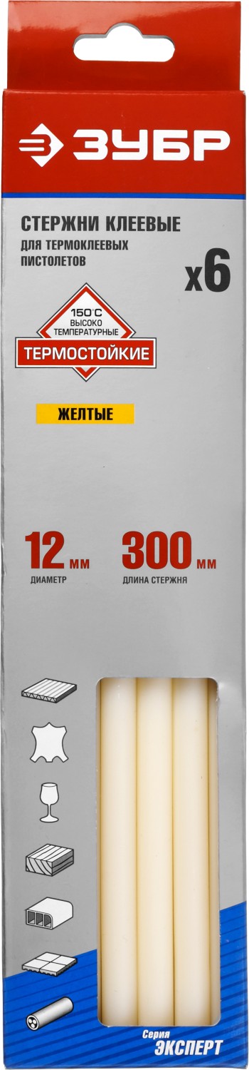 Клеевые стержни Зубр Эксперт 12x300мм, желтый, 6шт., коробка (06858-12-1)