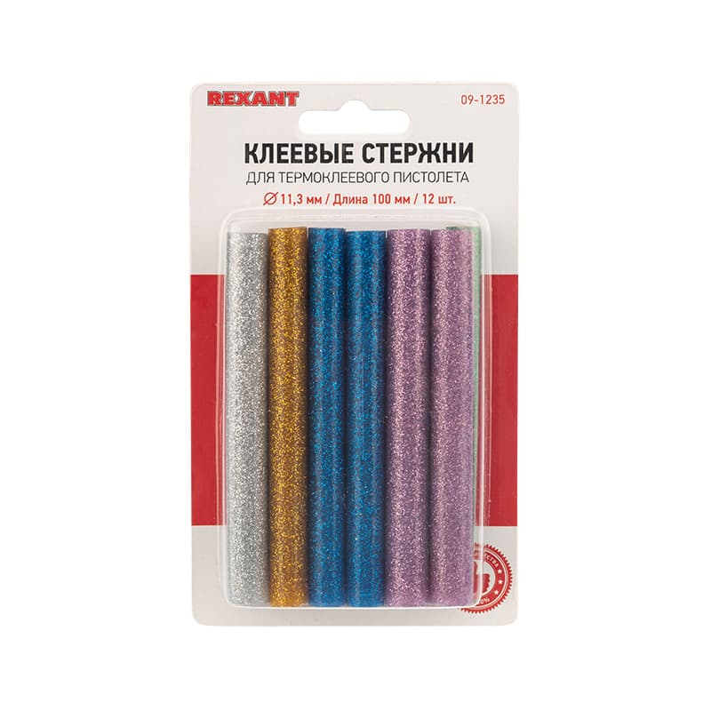 

Клеевые стержни REXANT 11.3x100мм, цветной с блестками, 12шт., блистер (09-1235)