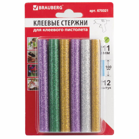 Клеевые стержни BRAUBERG 11x100мм, цветной с блестками, 12шт., блистер (670321)