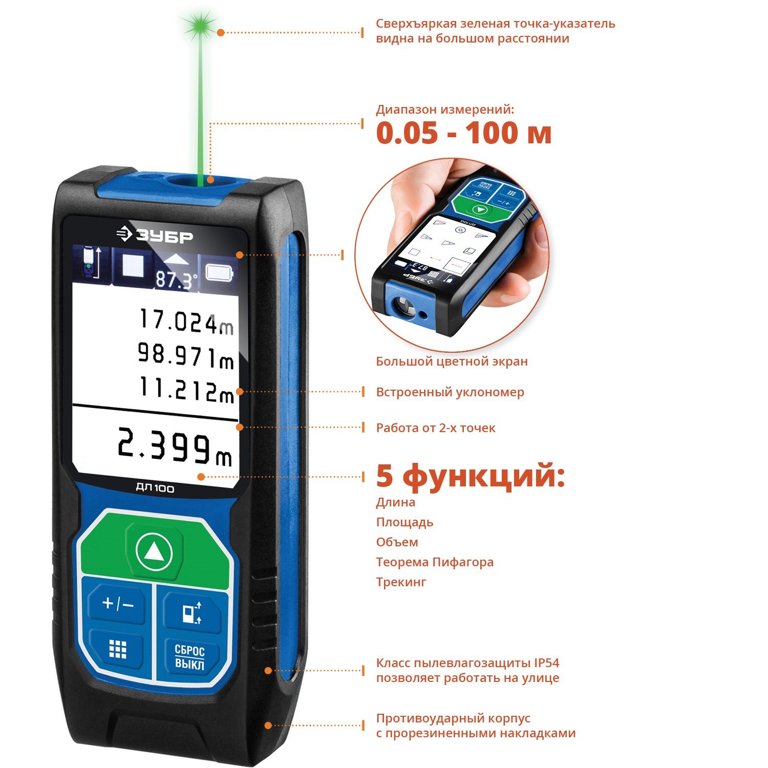 Дальномер лазерный, от 5 см, до 100 м Зубр Профессионал ДЛ-100, 752065  купить по цене 10100 руб в Томске в интернет-магазине e2e4