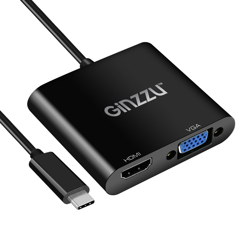 Кабель Type C-VGA + HDMI + Audio, 4K при 30Гц и до 1080P при 60Гц, 25см, черный Ginzzu (GC-876HVC)