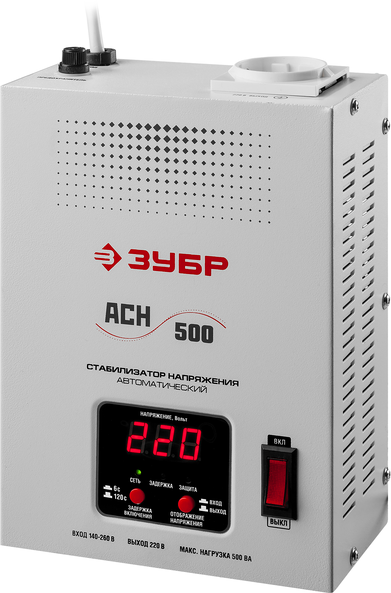 

Стабилизатор напряжения ЗУБР АСН 500, 500 VA, 500 Вт, EURO, серый (59381-0.5), АСН 500