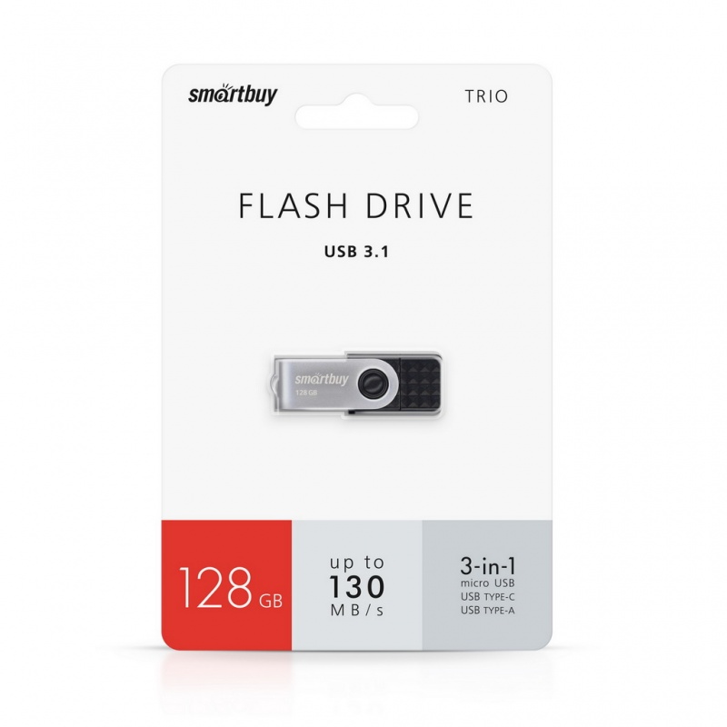 

Флешка 128Gb USB 3.0/USB Type-C/microUSB SmartBuy Trio, черный (SB128GBTRIO), Trio