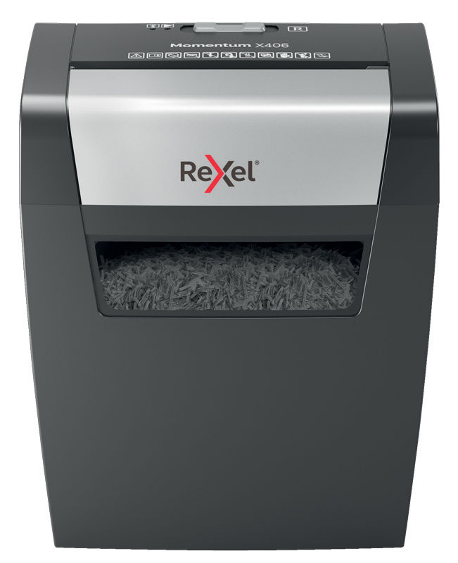 

Шредер Rexel Momentum X406, секретность P-4, фрагменты - 4ммx2.8см, 15л, 6 листов, скрепки, скобы (2104569EU), X406