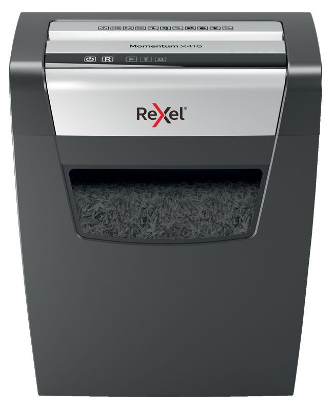 

Шредер Rexel Momentum X410, секретность P-4, фрагменты - 4ммx2.8см, 23л, 10 листов, скрепки, скобы (2104571EU), X410
