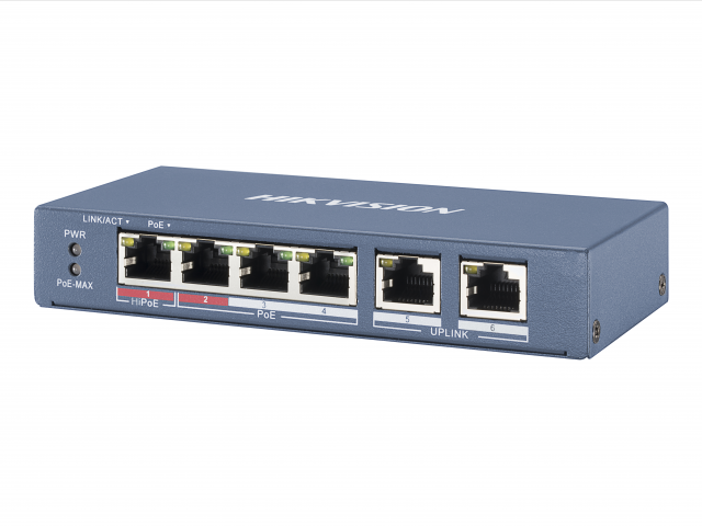 

Коммутатор Hikvision DS-3E0106HP-E, кол-во портов: 6x100 Мбит/с, PoE: 4шт.x30W (макс. 60W), DS-3E0106HP-E
