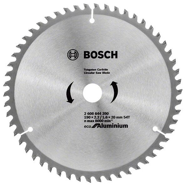 

Пильный диск BOSCH Eco Aluminium, ⌀190 мм x 20 мм по алюминию, чистый рез, 54T, 1 шт. (2608644390)