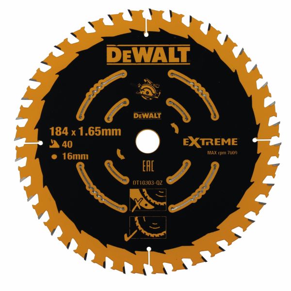 

Пильный диск DeWALT Extreme, ⌀184мм x 16мм по дереву, грубый, 40Т, 1шт. (DT10303-QZ)