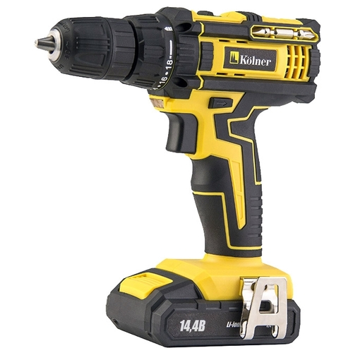 

Дрель-шуруповерт Kolner KCD 14,4/2L, аккумуляторный, 27 Н·м, 1450 об/мин, 14.4V, 1.5 А·ч, Li-Ion, быстрозажимной патрон, 1.2кг, KCD 14,4/2L