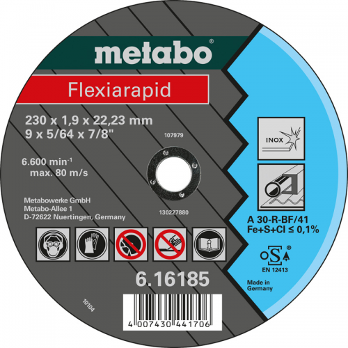 

Диск отрезной Metabo Flexiarapid ⌀150ммx1.6мм x 22.2мм, прямой, по нержавеющей стали, 1шт. (616183000), Flexiarapid