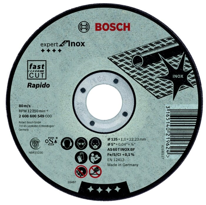 

Диск отрезной BOSCH Expert for Inox - Rapido ⌀125ммx1мм x 22.2мм, прямой, по нержавеющей стали, 1шт. (2608600549), Expert for Inox - Rapido