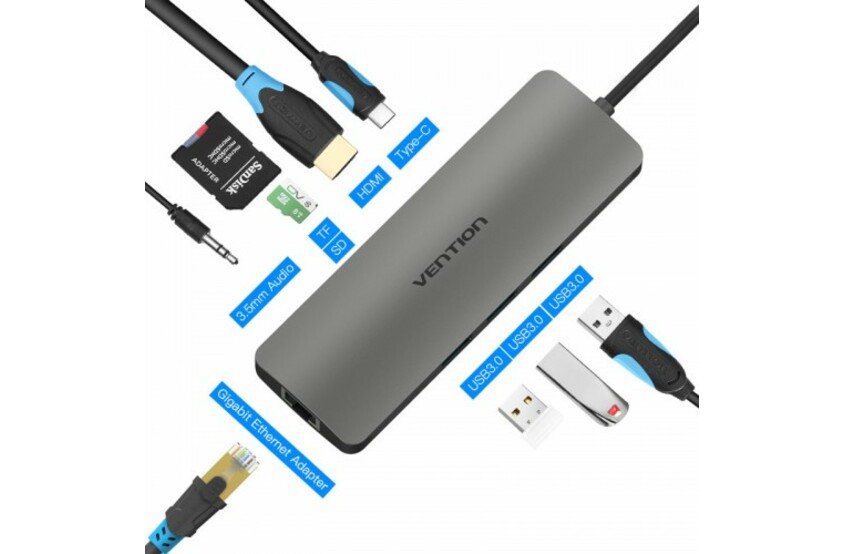 Переходник Vention USB Type-C-3.5 jack/HDMI/RJ-45/USB 3.0/TF F / SD F, 10см, серый (CGNHA) - фото 1