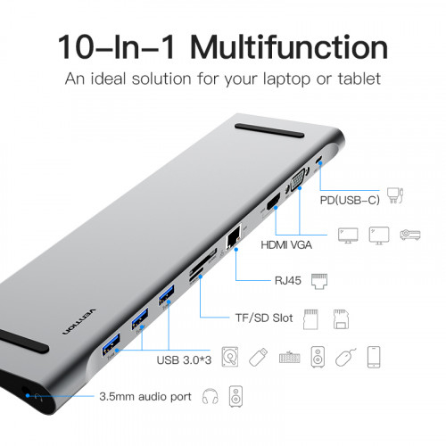 

Переходник Vention USB Type-C-USB 3.0 x 3/HDMI 19F/VGA 15F/RJ45 F/USB Type C F/TF F/SD F/mini-jack F, 15см, серый (CMCHB)