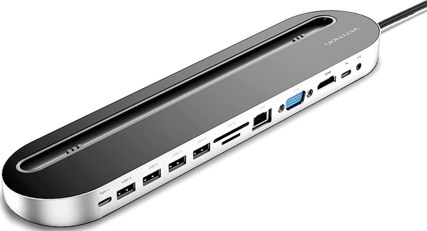 Док-станция Vention USB Type-C-USB 3.0 F x 2 / OTG USB 2.0 F x 2 / HDMI 19F / VGA 15F / RJ45 F / USB Type C F x 2 / TF F / SD F / mini-jack F, 25см, серебристый (THEBC)