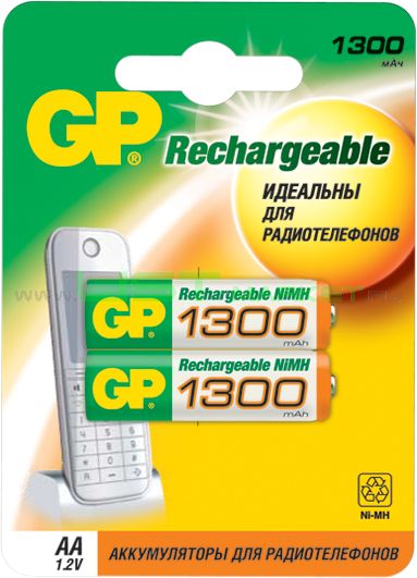 

Аккумулятор GP Rechargeable 130AAHC, AA, 1.2V 1.3 А·ч, 2 шт, Зеленый/желтый, 130AAHC