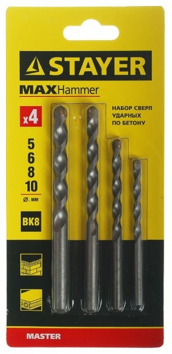 

Набор сверл ⌀5-10мм, по, кирпичу, бетону, камню и керамограниту, STAYER MASTER, по бетону, 4шт. (29111-h4)