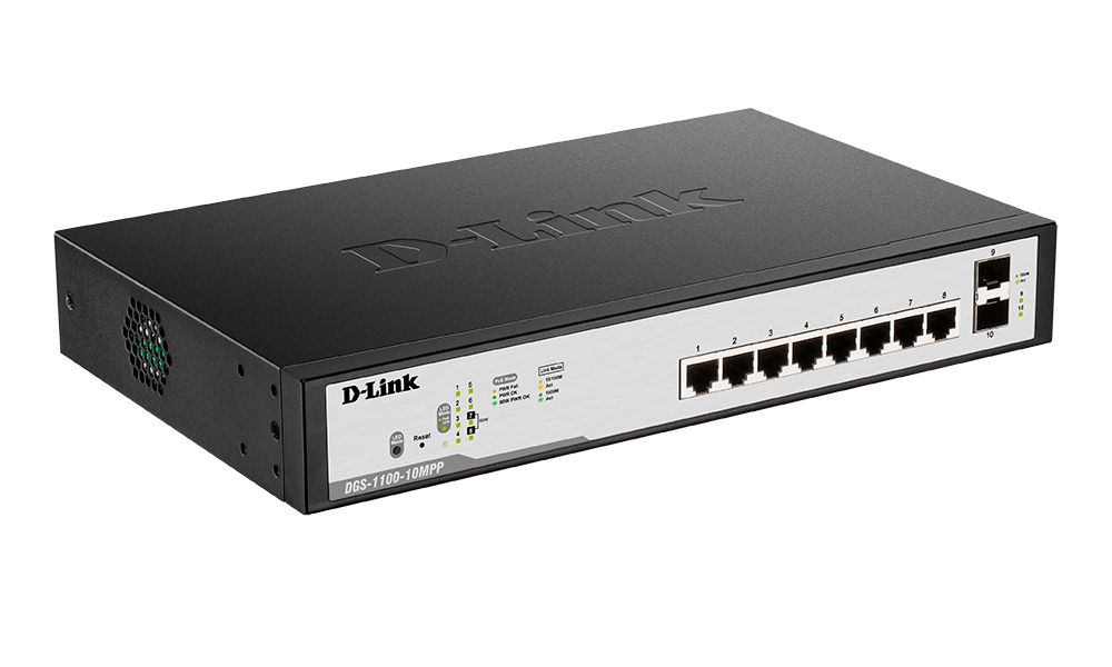 

Коммутатор D-link DGS-1100-10MPP/C1A, управляемый, кол-во портов: 8x1 Гбит/с, кол-во SFP/uplink: 2x1 Гбит/с, установка в стойку, PoE: 8шт.x30W (макс. 242W), DGS-1100-10MPP/C1A