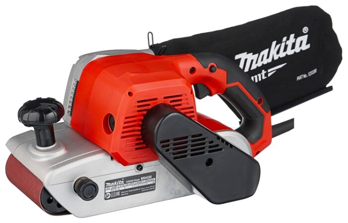 Ленточная шлифовальная машина Makita M9400, 940 Вт, сетевая, размер ленты 61 см x 10 см, макс. скорость ленты 380 м/мин, пылесборник, 6.2 кг