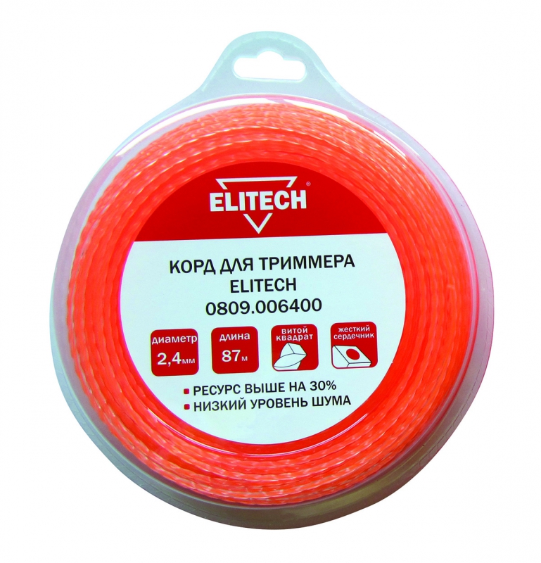 

Леска триммерная Elitech, витой квадрат (твист) 2.4ммx87м (0809.006400)