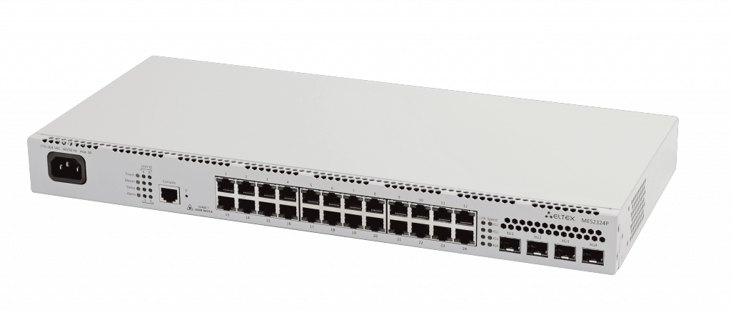 

Коммутатор Eltex MES2324P, управляемый, кол-во портов: 24x1 Гбит/с, SFP+ 4x10, кол-во SFP/uplink: SFP+ 4x10 Гбит/с, установка в стойку, PoE (макс. 380 Вт) (MES2324P_AC), MES2324P
