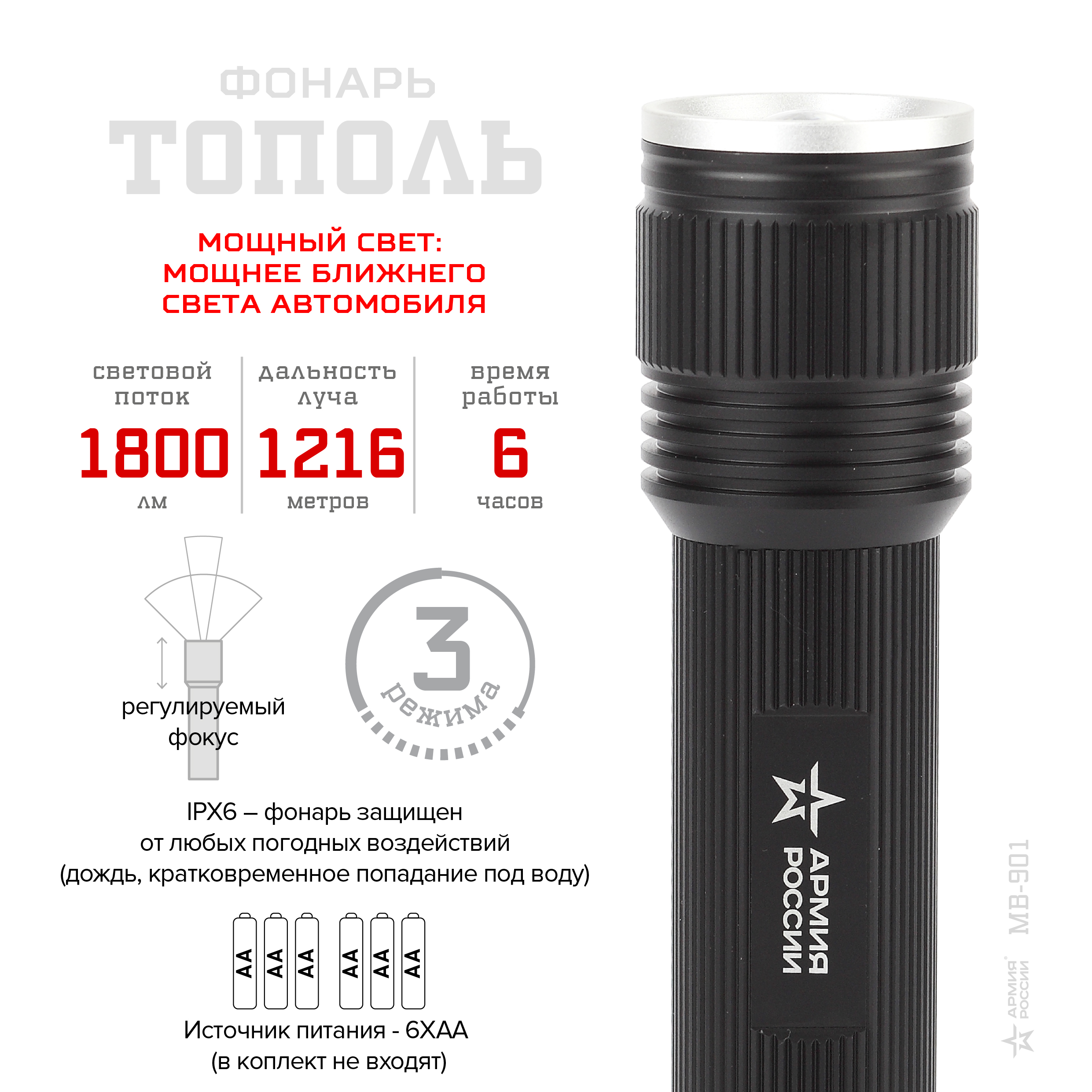 Фонарь Эра MB-901 Тополь (20Вт светодиод, алюминий, влагостойкий корпус, регулируемый фокус, 3 режима работы, 6хАА не входят в комплект) (Б0030201)