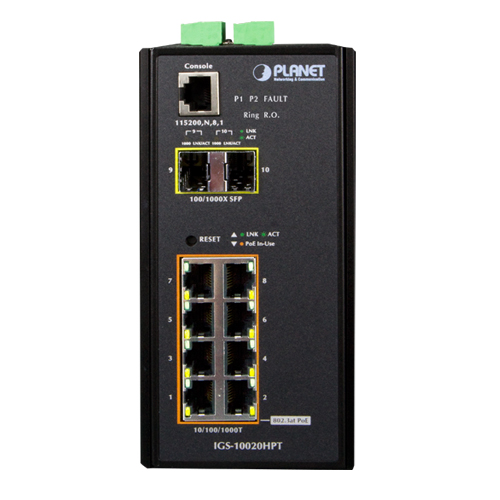 

Коммутатор Planet IGS-10020HPT, управляемый, кол-во портов: 8x10/100/1000, кол-во SFP/uplink: 2x1 Гбит/с, PoE (макс. 306W), IGS-10020HPT