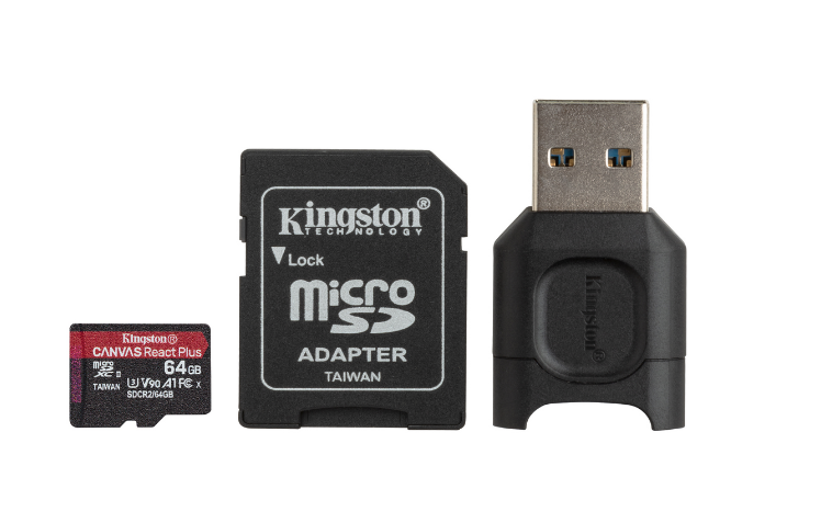

Карта памяти 64Gb microSDXC Kingston Canvas React Plus Class 10 UHS-II U3 + адаптер + USB reader (MLPMR2/64GB), MLPMR2/64GB