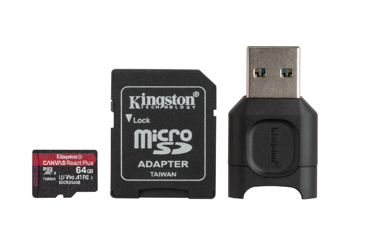 Карта памяти 64Gb microSDXC Kingston Canvas React Plus Class 10 UHS-II U3 + адаптер + USB reader (MLPMR2/64GB)